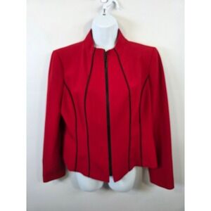 Kasper Womens Red Zip Front Blazer Jacket Black Contrast Piping Size 10